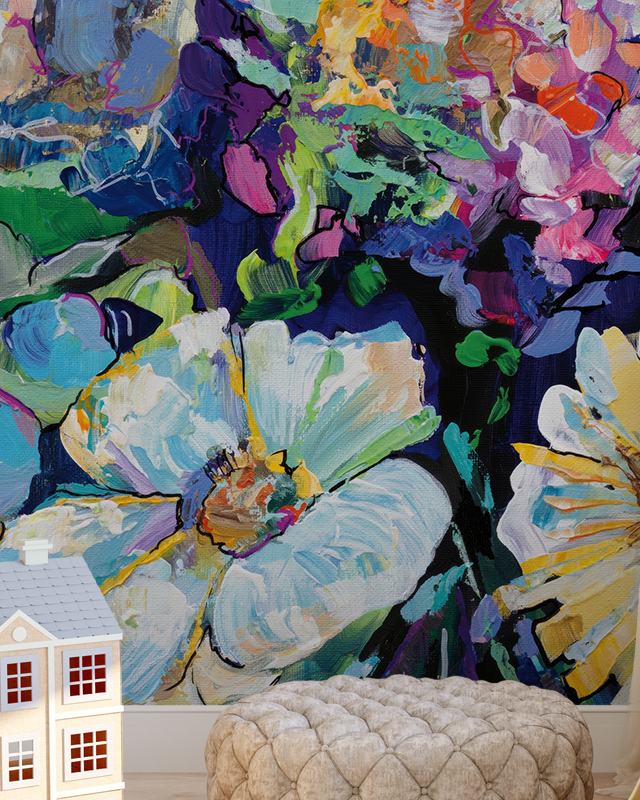Floral Wallpaper Trend featuring vibrant, abstract flowers in bold colors. In front of the wallpaper, a small beige pouf and a toy house on a light wooden floor. Floral Wallpaper Trend featuring vibrant, abstract flowers in bold colors. In front of the wallpaper, a small beige pouf and a toy house on a light wooden floor.