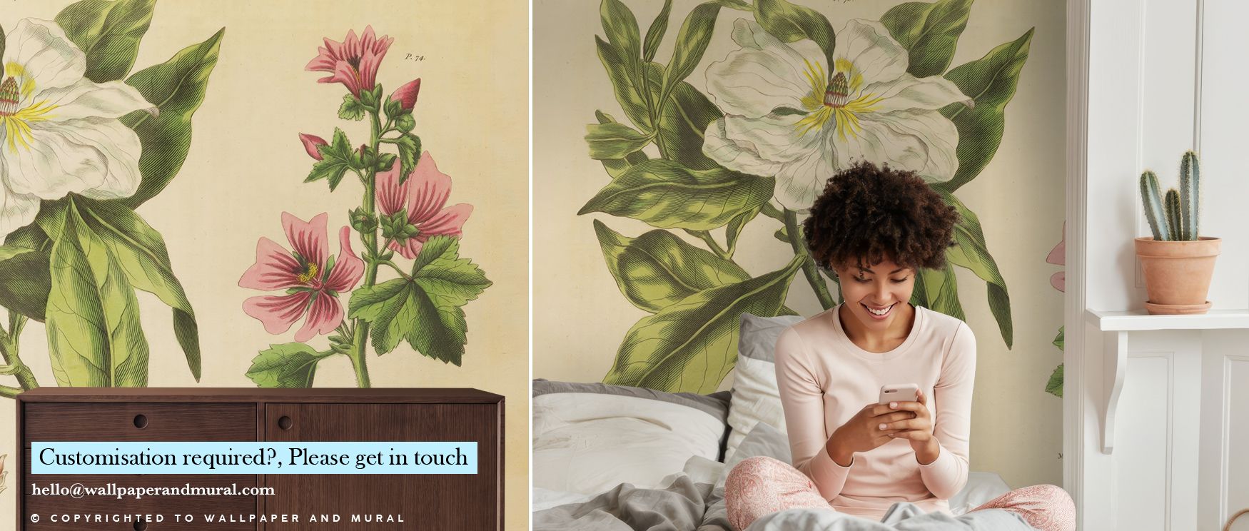 Floral Wallpaper Trend featuring vintage-style floral illustrations. In front of the wallpaper, a woman sits on a bed, smiling at her phone. Floral Wallpaper Trend featuring vintage-style floral illustrations. In front of the wallpaper, a woman sits on a bed, smiling at her phone.