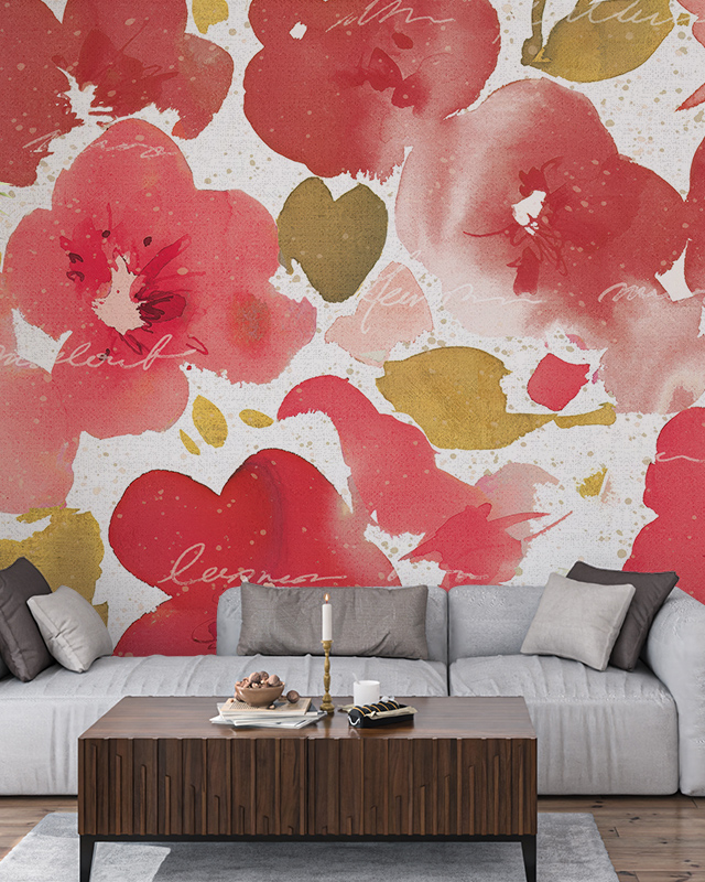 Floral Wallpaper Trend showcasing abstract red and gold flowers with handwritten text. In front of the wallpaper, a modern living room setup with a wooden coffee table and gray sofa. Floral Wallpaper Trend showcasing abstract red and gold flowers with handwritten text. In front of the wallpaper, a modern living room setup with a wooden coffee table and gray sofa.