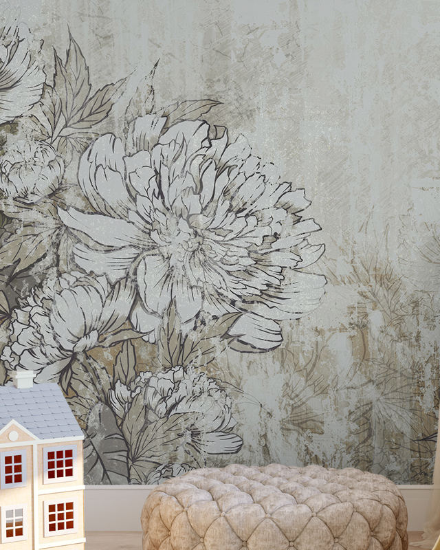Floral Wallpaper Trend showcasing sketched peonies in muted tones. In front of the wallpaper is a toy house and a tufted ottoman. Floral Wallpaper Trend showcasing sketched peonies in muted tones. In front of the wallpaper is a toy house and a tufted ottoman.