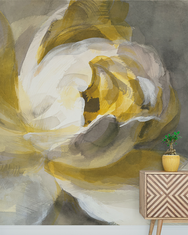 Floral Wallpaper vs Other Styles featuring a large, abstract yellow and white flower design. In front of the wallpaper, a small wooden table with a potted plant.
