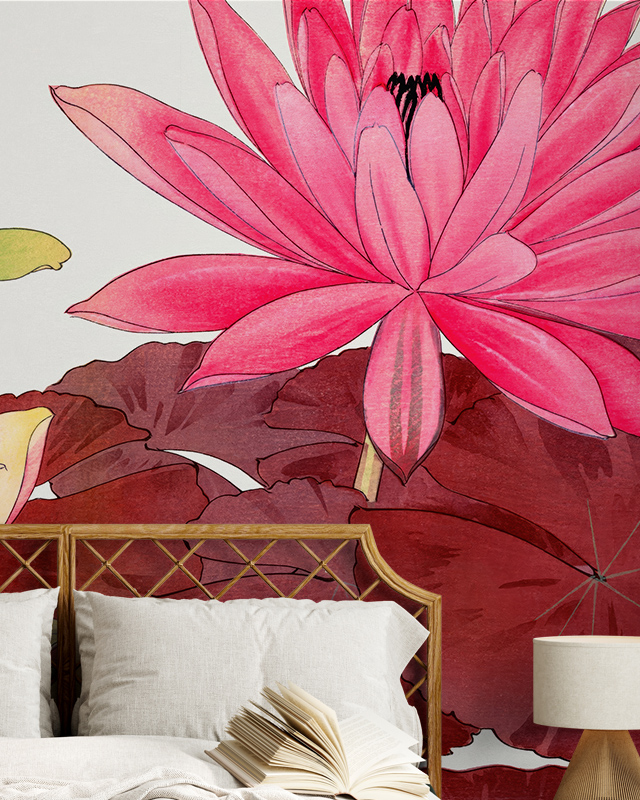 Floral Wallpaper vs Other Styles featuring a vibrant pink flower with deep red leaves In front of the wallpaper, a bed with white pillows and an open book.