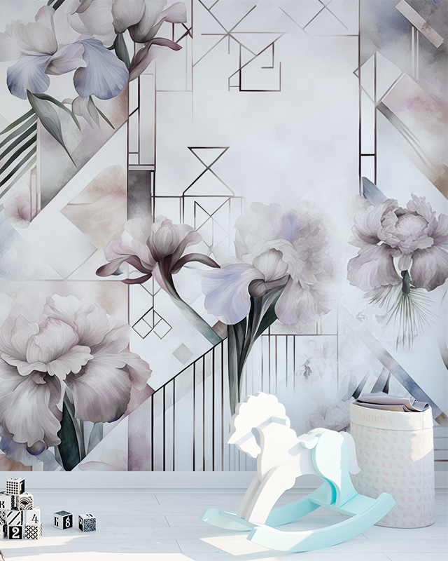 Floral Wallpaper vs Other Styles featuring soft pastel flowers with geometric patterns. In front of the wallpaper, a white rocking horse, a basket, and scattered toys.