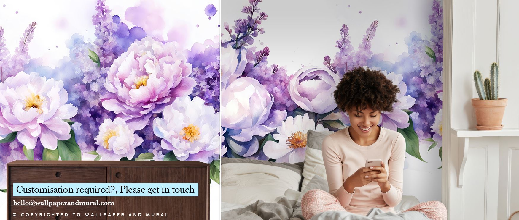 Floral Wallpaper vs Other Styles featuring vibrant purple and white flowers. In front of the wallpaper, a wooden dresser, and a person sitting on a bed with a smartphone.