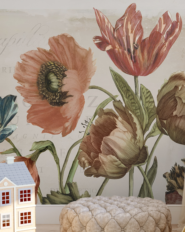 Floral Wallpaper vs Other Styles showcasing large, vintage-style orange and red flowers with green leaves In front of the wallpaper, a beige tufted ottoman and a small toy house.