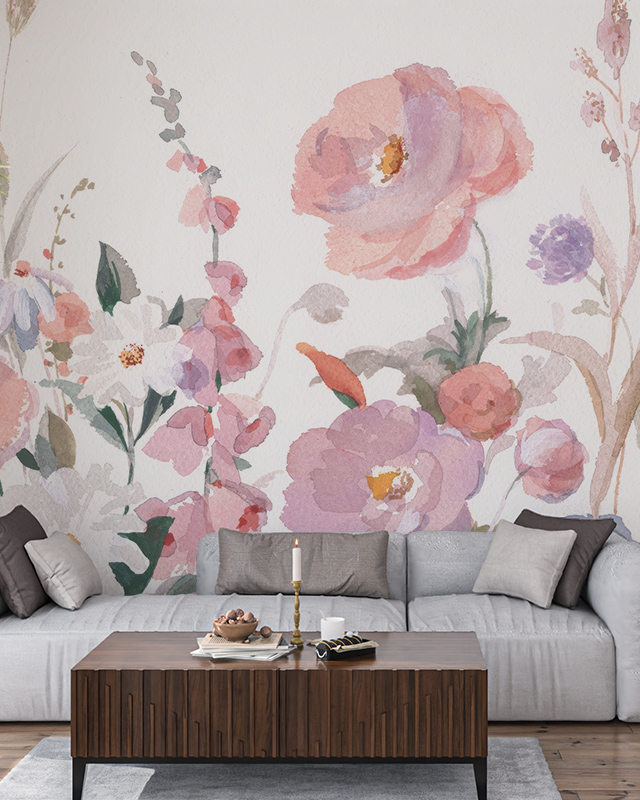 Floral Wallpaper vs Other Styles showcasing pastel watercolor flowers. In front of the wallpaper, a modern sofa, wooden coffee table, and decor accents.