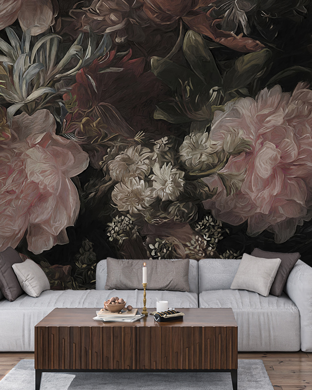 Floral Wallpaper vs Other Styles with dark, moody floral patterns. In front of the wallpaper, a contemporary sofa, wooden coffee table, and decorative accents.