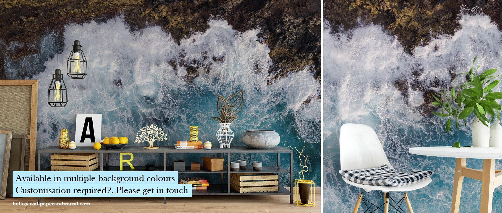 Room with ocean wave wallpaper installation, featuring coastal decor elements like a console table and modern chair.