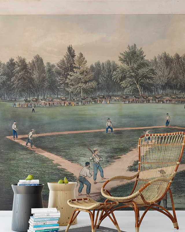 Vintage baseball game illustration wallpaper, ideal for tips for selecting sports wallpaper, behind a wicker chair and side tables.
