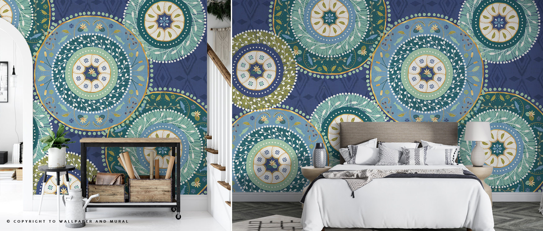 A bedroom and hallway featuring a vibrant, abstract mandala-patterned wallpaper in blue, green, and gold tones, with furniture including a bed, for a comparison of abstract wallpaper with other styles.