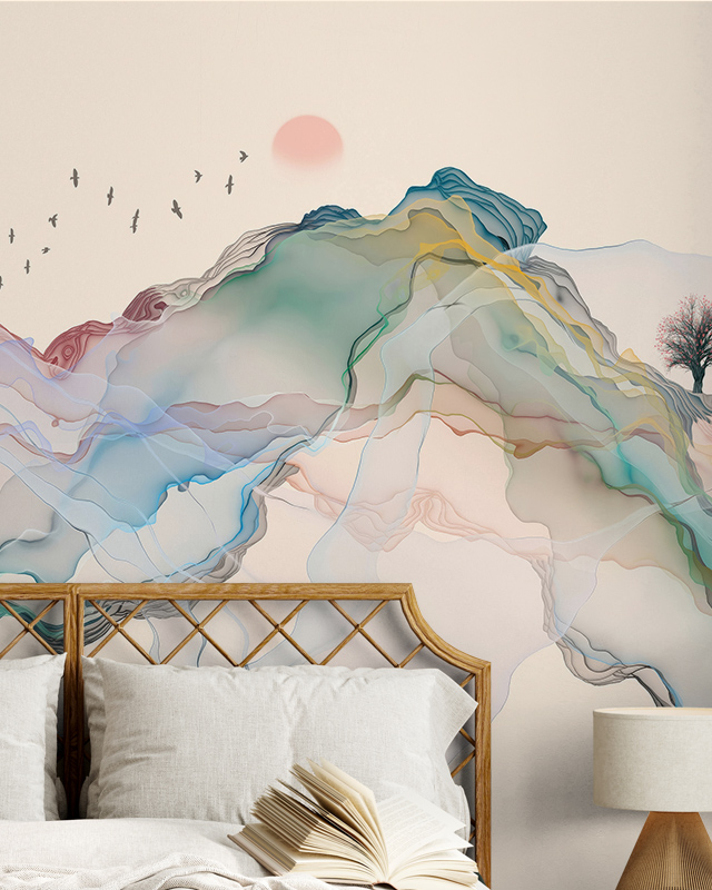 A bedroom featuring Beige Wallpaper for Bathrooms with a colorful abstract mountain design, open book on the bed.