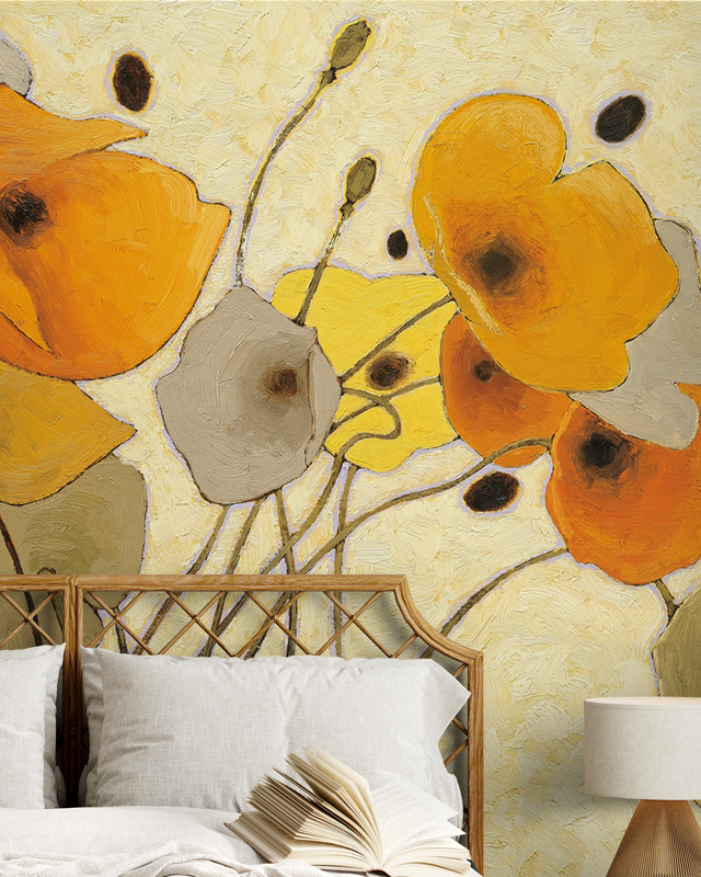 A bedroom featuring Beige Wallpaper for Bathrooms with vibrant abstract orange and yellow flowers, an open book on the bed.