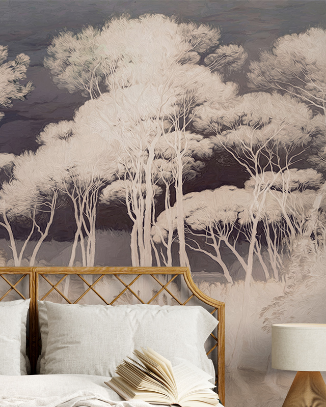 a-bedroom-featuring-beige-wallpaper-for-commercial-spaces-with-a-dreamy-forest-design-a-bed-and-an-open-book-in-front A bedroom featuring Beige Wallpaper for Commercial Spaces with a dreamy forest design, a bed, and an open book in front.
