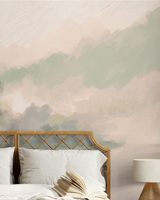 a-bedroom-featuring-beige-wallpaper-for-commercial-spaces-with-a-soft-abstract-landscape-design-a-bed-and-an-open-book-in-front A bedroom featuring Beige Wallpaper for Commercial Spaces with a soft, abstract landscape design, a bed, and an open book in front.