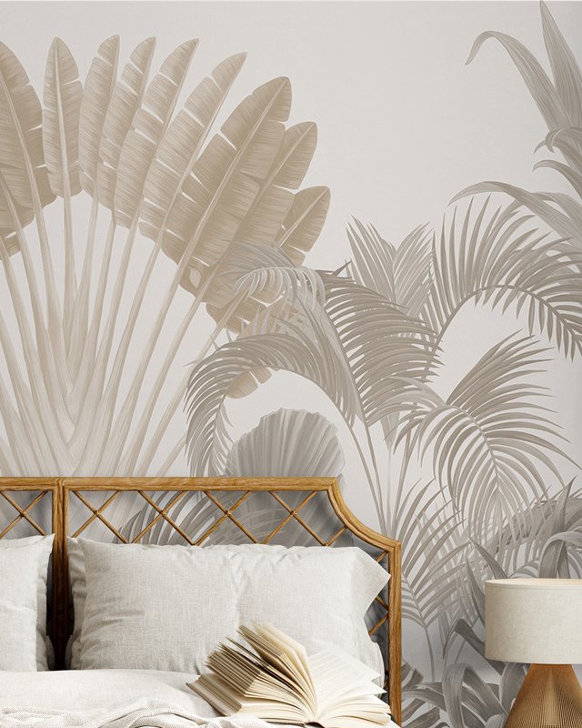 a-bedroom-featuring-beige-wallpaper-for-commercial-spaces-with-a-tropical-leaf-design-a-bed-and-an-open-book-in-front A bedroom featuring Beige Wallpaper for Commercial Spaces with a tropical leaf design, a bed, and an open book in front.