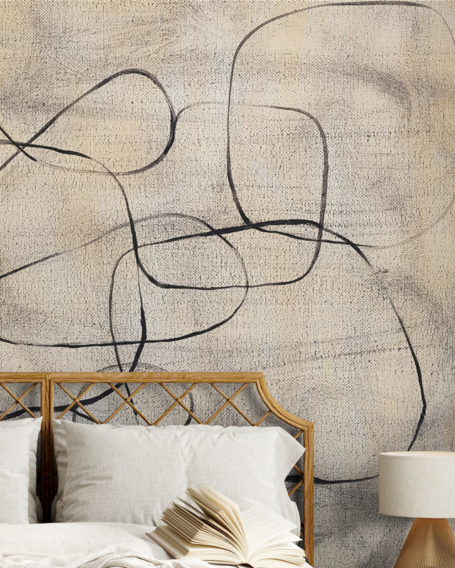 a-bedroom-featuring-beige-wallpaper-for-commercial-spaces-with-an-abstract-line-design-a-bed-and-an-open-book-in-front A bedroom featuring Beige Wallpaper for Commercial Spaces with an abstract line design, a bed, and an open book in front.