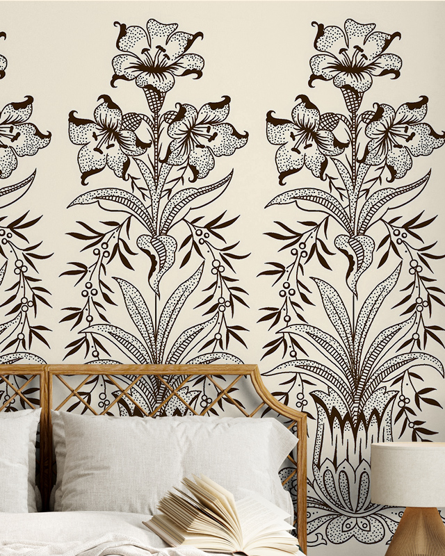 A bedroom scene featuring intricate floral-patterned Beige Wallpaper for Kitchens behind a rattan headboard with an open book on the bed.
