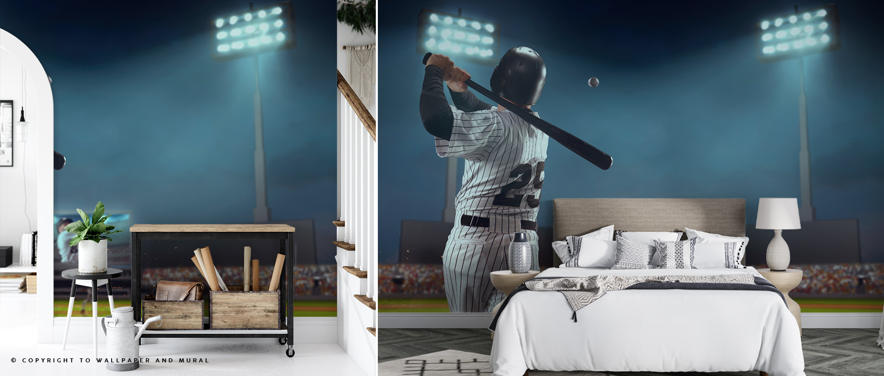 A bedroom with a baseball player mural, featuring a bed, nightstand, and lamp, highlighting sports wallpaper for game rooms.