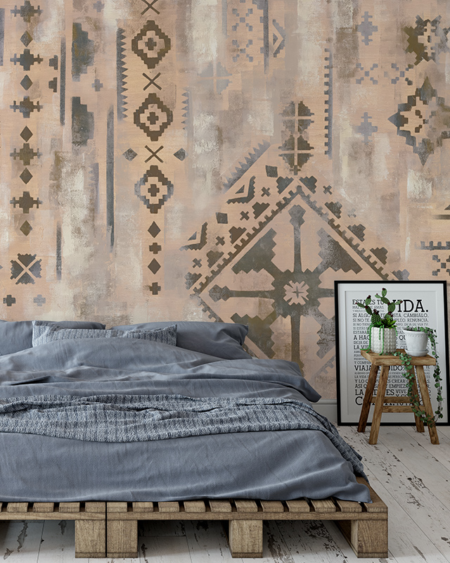 a-bedroom-with-beige-wallpaper-featuring-a-tribal-pattern-complemented-by-a-wooden-bed-frame-this-highlights-beige-wallpaper-color-pairing A bedroom with beige wallpaper featuring a tribal pattern, complemented by a wooden bed frame. This highlights Beige Wallpaper Color Pairing.