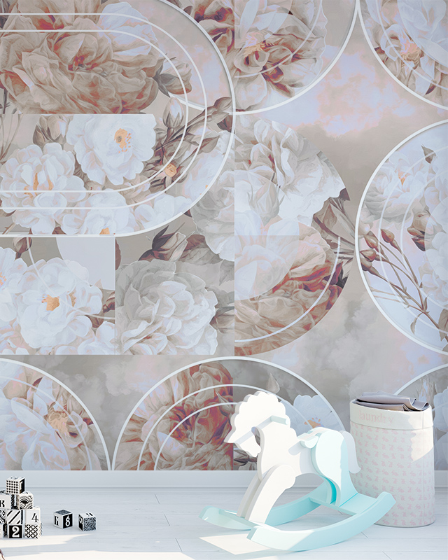 a-children-s-room-featuring-beige-wallpaper-for-commercial-spaces-with-a-circular-floral-design-a-rocking-horse-and-toys-in-front A children's room featuring Beige Wallpaper for Commercial Spaces with a circular floral design, a rocking horse, and toys in front.