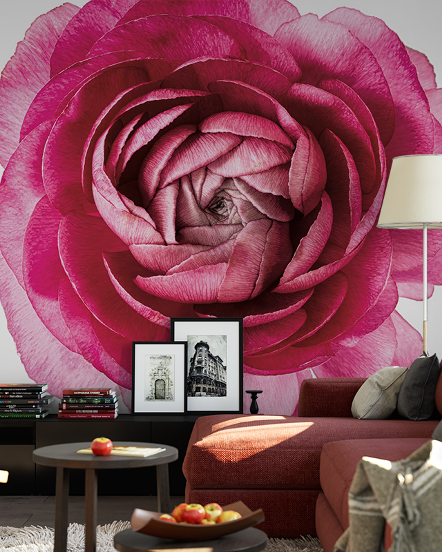 a-close-up-pink-flower-design-highlighting-abstract-wallpaper-trends-decorates-a-modern-living-room-wall A close-up pink flower design, highlighting Abstract Wallpaper Trends, decorates a modern living room wall