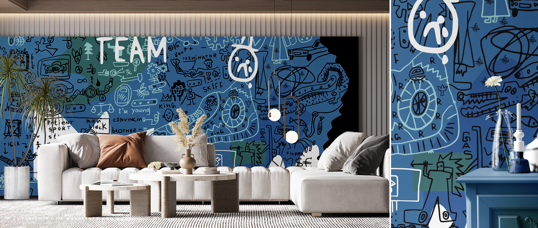 A colorful abstract "TEAM" mural in a stylish game room with a white sofa, wooden coffee table, and hanging lights, highlighting sports wallpaper for game rooms.