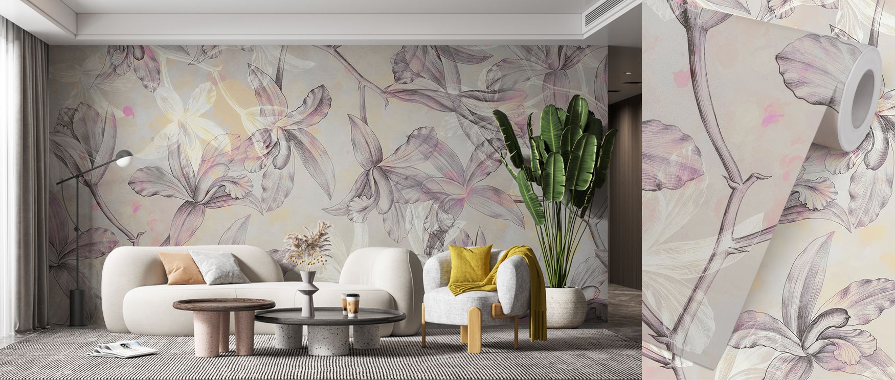 a-contemporary-living-room-with-beige-floral-wallpaper-featuring-neutral-furniture-and-a-green-plant-perfect-for-beige-wallpaper-color-pairing A contemporary living room with beige floral wallpaper, featuring neutral furniture and a green plant, perfect for Beige Wallpaper Color Pairing.