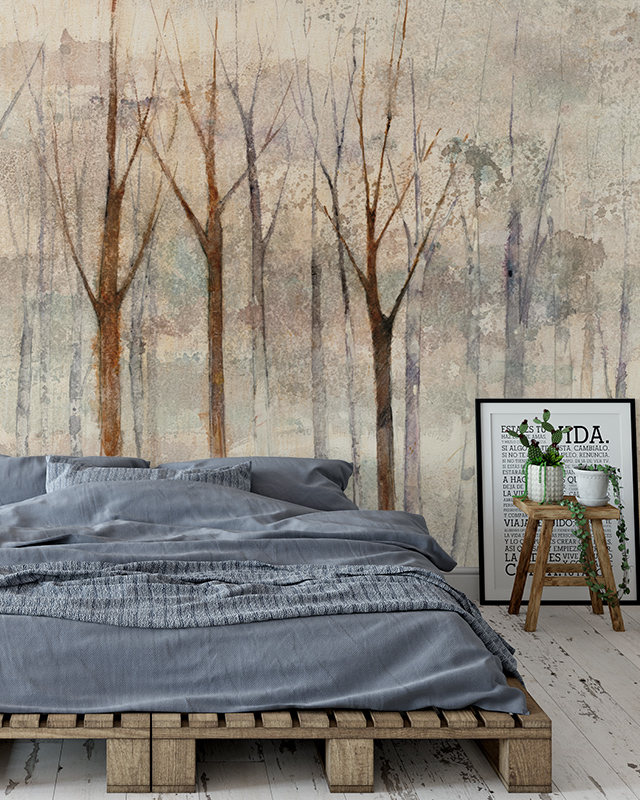 a-cozy-bedroom-with-beige-wallpaper-featuring-a-forest-design-paired-with-a-wooden-bed-frame-this-setup-highlights-beige-wallpaper-color-pairing A cozy bedroom with beige wallpaper featuring a forest design, paired with a wooden bed frame. This setup highlights Beige Wallpaper Color Pairing.