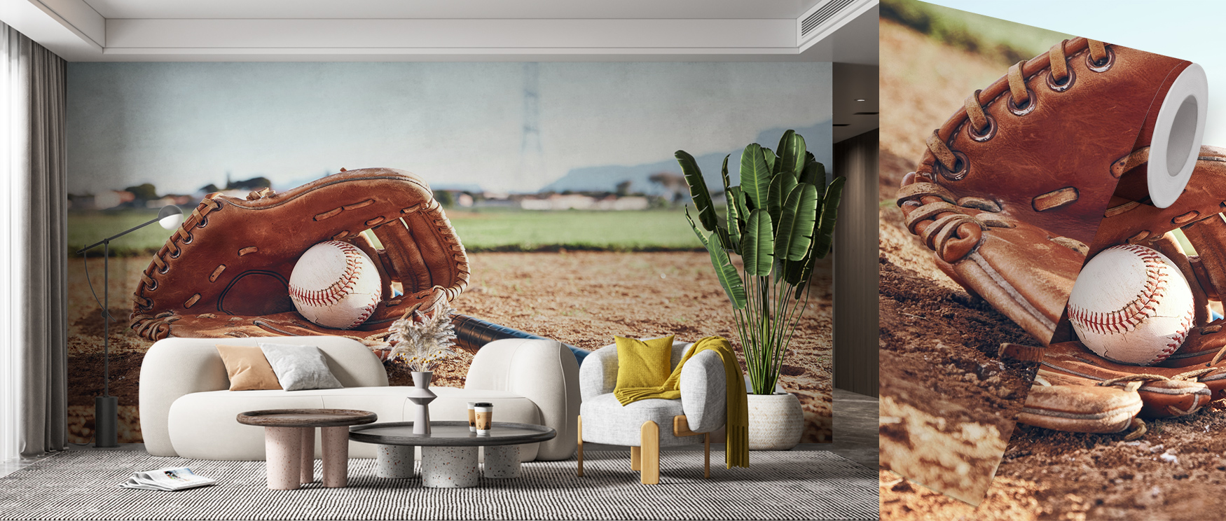 A cozy living room with baseball-themed wallpaper featuring a glove and ball, offering tips for selecting sports wallpaper.