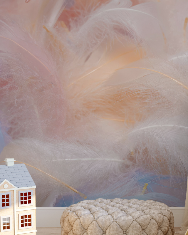A cozy room featuring Beige Wallpaper for Bathrooms with a soft feather design and a tufted pouf.