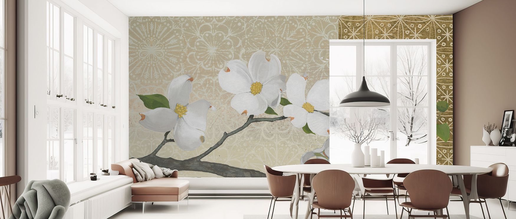 A dining area featuring Beige Wallpaper for Kitchens with a white floral branch design, modern chairs, and large windows in front.