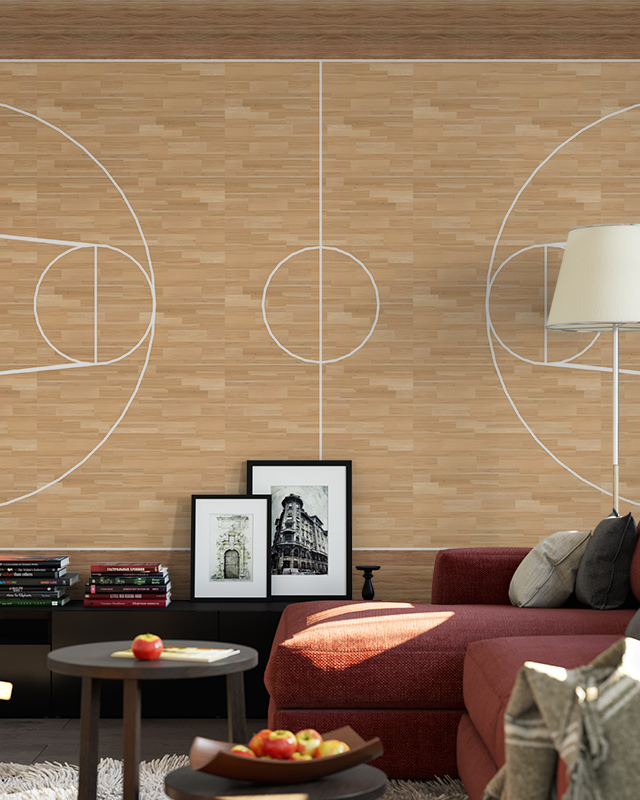 A game room featuring basketball court-themed sports wallpaper for game rooms, with a red sofa, framed art, and a lamp.