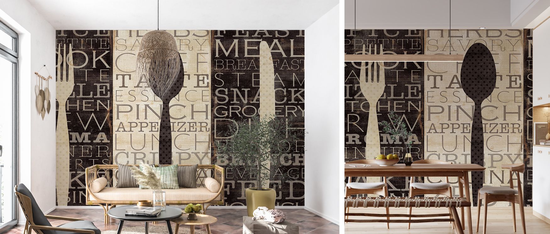 A kitchen and dining area featuring Beige Wallpaper for Kitchens with utensil illustrations and food-related text, along with a cozy seating area and dining table in front.