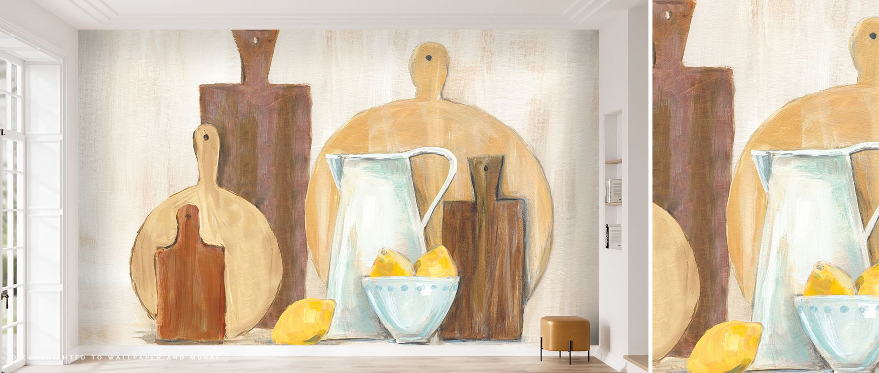 A kitchen featuring Beige Wallpaper for Kitchens with a painted design of cutting boards, a pitcher, and lemons.