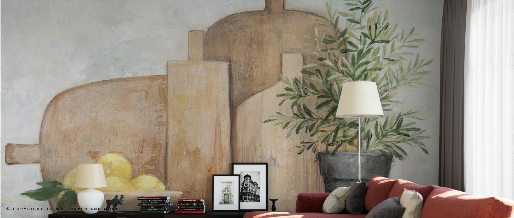 A kitchen featuring Beige Wallpaper for Kitchens with a painted design of cutting boards, lemons, and potted greenery, along with a red sofa and books in front.