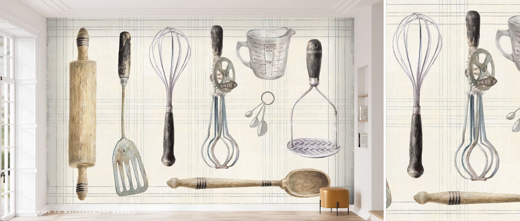 A kitchen featuring Beige Wallpaper for Kitchens with vintage utensil illustrations, including a whisk, rolling pin, and measuring cup.