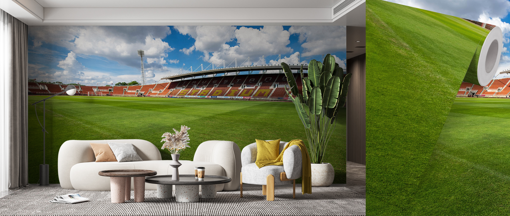 A living room features a stadium-themed sports wallpaper, depicting an expansive football field under a bright sky. Tips for selecting sports wallpaper are essential for achieving this dynamic look.