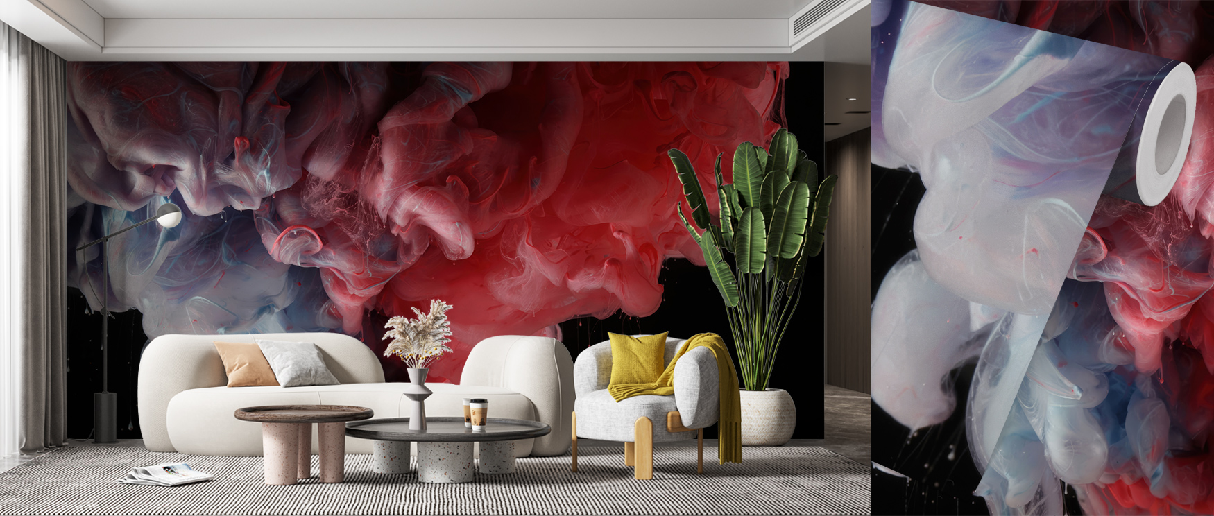 a-living-room-featuring-abstract-wallpaper-for-accent-walls-with-swirling-red-and-blue-smoke-like-patterns-paired-with-modern-white-furniture-and-a-tall-green-plant A living room featuring abstract wallpaper for accent walls with swirling red and blue smoke-like patterns, paired with modern white furniture and a tall green plant