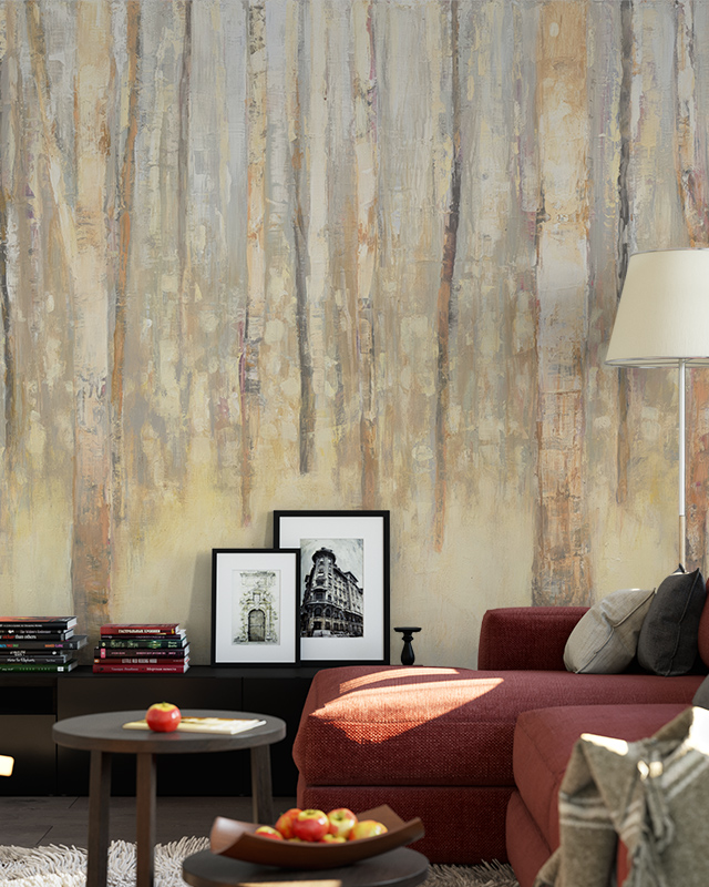 a-living-room-featuring-beige-wallpaper-for-commercial-spaces-with-a-textured-tree-design-a-red-sofa-framed-art-and-books-in-front A living room featuring Beige Wallpaper for Commercial Spaces with a textured tree design, a red sofa, framed art, and books in front.