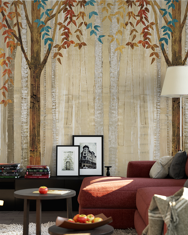 a-living-room-featuring-beige-wallpaper-for-commercial-spaces-with-a-vibrant-tree-design-a-red-sofa-framed-art-and-books-in-front A living room featuring Beige Wallpaper for Commercial Spaces with a vibrant tree design, a red sofa, framed art, and books in front.