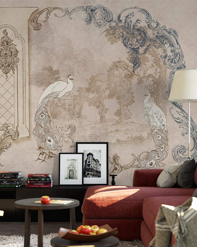 a-living-room-featuring-beige-wallpaper-for-commercial-spaces-with-an-elegant-peacock-design-a-red-sofa-framed-art-and-books-in-front A living room featuring Beige Wallpaper for Commercial Spaces with an elegant peacock design, a red sofa, framed art, and books in front.