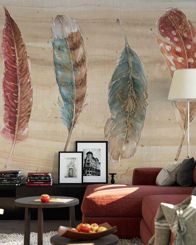 a-living-room-featuring-beige-wallpaper-for-commercial-spaces-with-colorful-feather-designs-a-red-sofa-framed-art-and-books-in-front A living room featuring Beige Wallpaper for Commercial Spaces with colorful feather designs, a red sofa, framed art, and books in front.