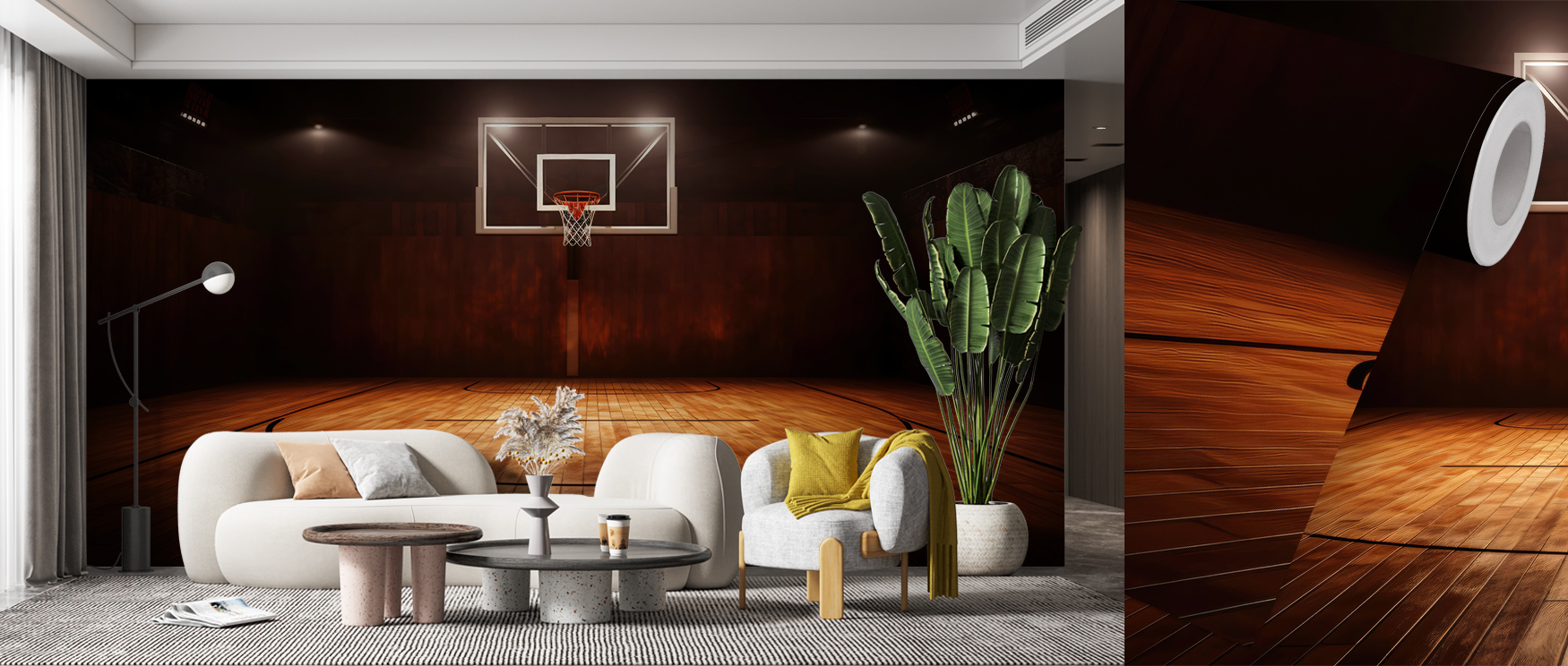 A living room showcases a basketball court-themed wallpaper with a hoop and wooden floor, demonstrating tips for selecting sports wallpaper.