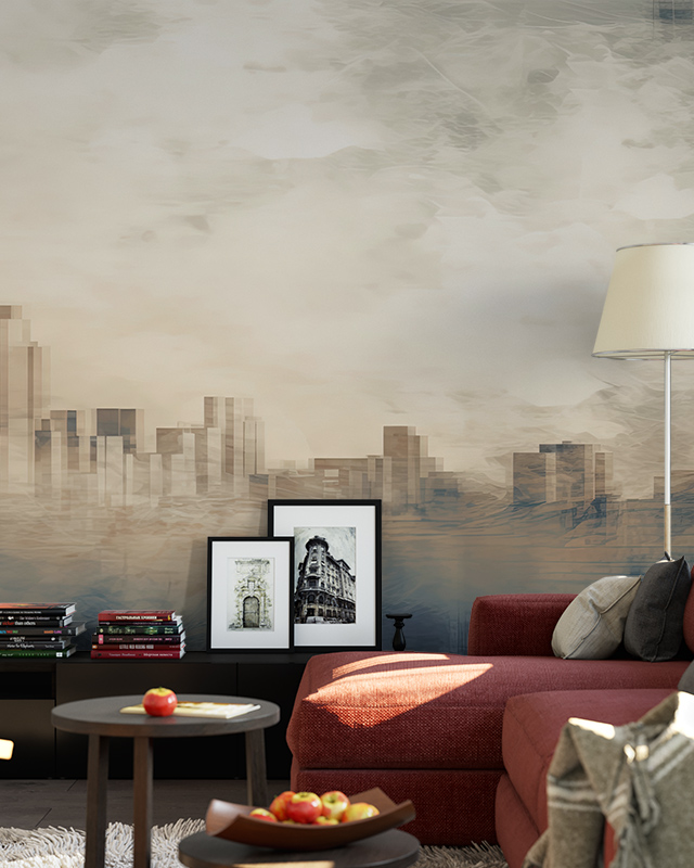 a-living-room-with-a-modern-cityscape-design-on-beige-wallpaper-reflecting-current-beige-wallpaper-trends A living room with a modern cityscape design on beige wallpaper, reflecting current beige wallpaper trends.