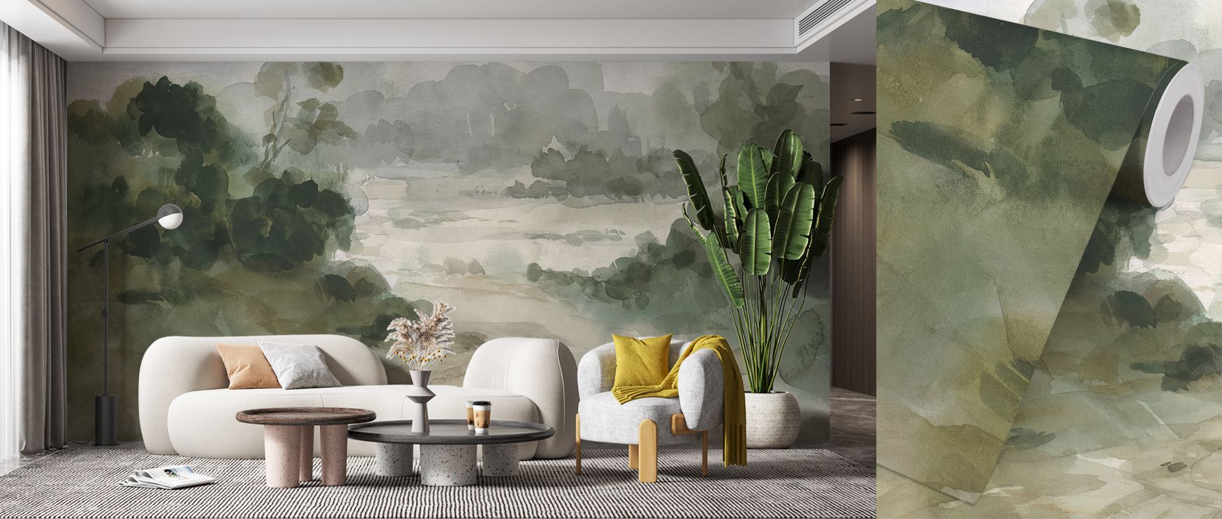 a-living-room-with-a-nature-inspired-beige-wallpaper-featuring-green-tones-paired-with-beige-furniture-and-plants-beige-wallpaper-color-pairing-creates-a-harmonious-earthy-ambiance A living room with a nature-inspired beige wallpaper featuring green tones, paired with beige furniture and plants. Beige Wallpaper Color Pairing creates a harmonious, earthy ambiance.