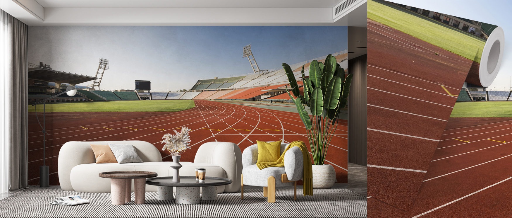 A living room with a stadium track mural, featuring a white sofa, round coffee tables, and a tall plant, illustrating types of sports wallpapers for home decor.