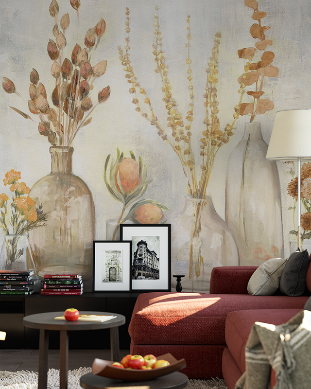 a-living-room-with-beige-wallpaper-featuring-a-floral-vase-design-paired-with-a-red-sofa-and-framed-art-this-highlights-beige-wallpaper-color-pairing A living room with beige wallpaper featuring a floral vase design, paired with a red sofa, and framed art. This highlights Beige Wallpaper Color Pairing.