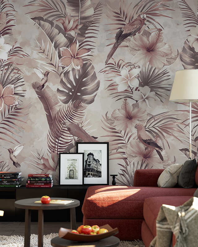 a-living-room-with-beige-wallpaper-featuring-tropical-leaves-birds-and-flowers-paired-with-a-red-sofa-and-framed-art-showcasing-beige-wallpaper-color-pairing A living room with beige wallpaper featuring tropical leaves, birds, and flowers, paired with a red sofa, and framed art, showcasing Beige Wallpaper Color Pairing.