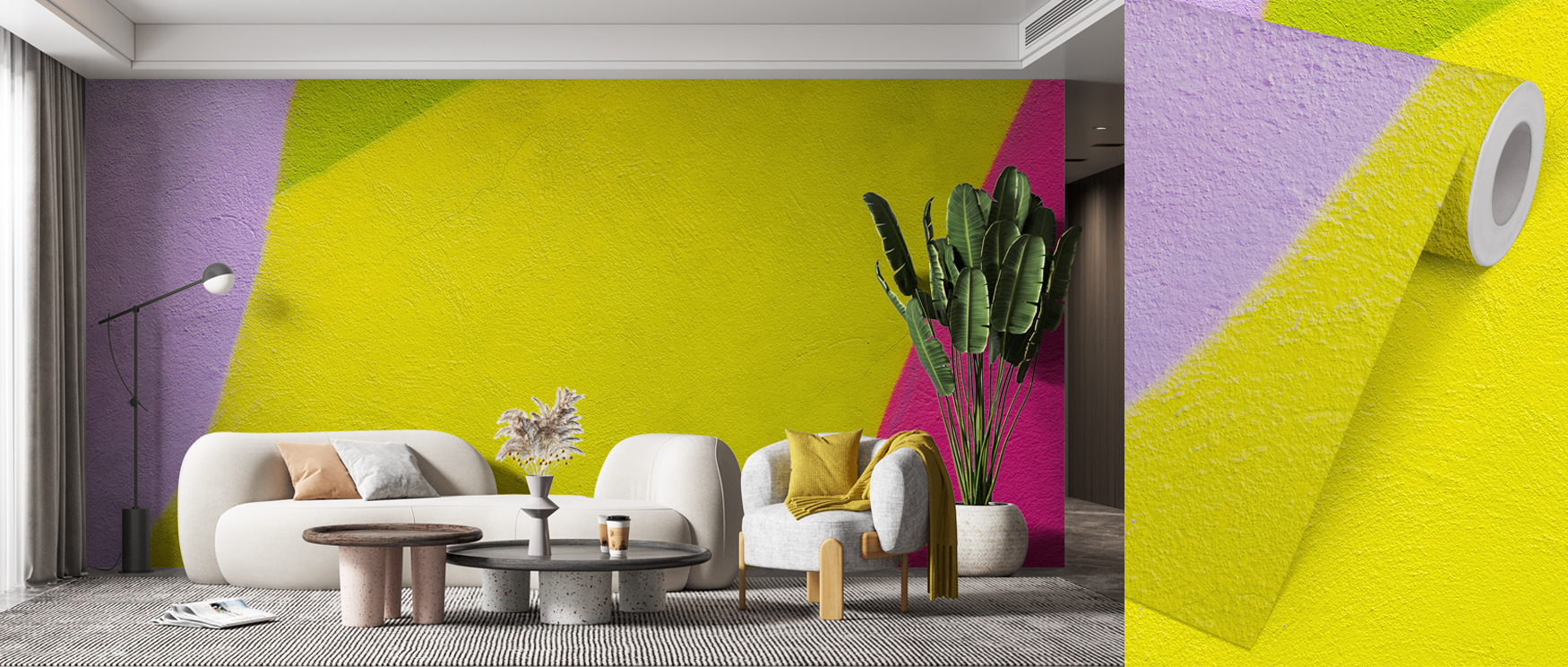 A living room with bold, geometric abstract wallpaper in yellow, pink, and purple, featuring white furniture and a large plant in front, comparison of abstract wallpaper with other styles.