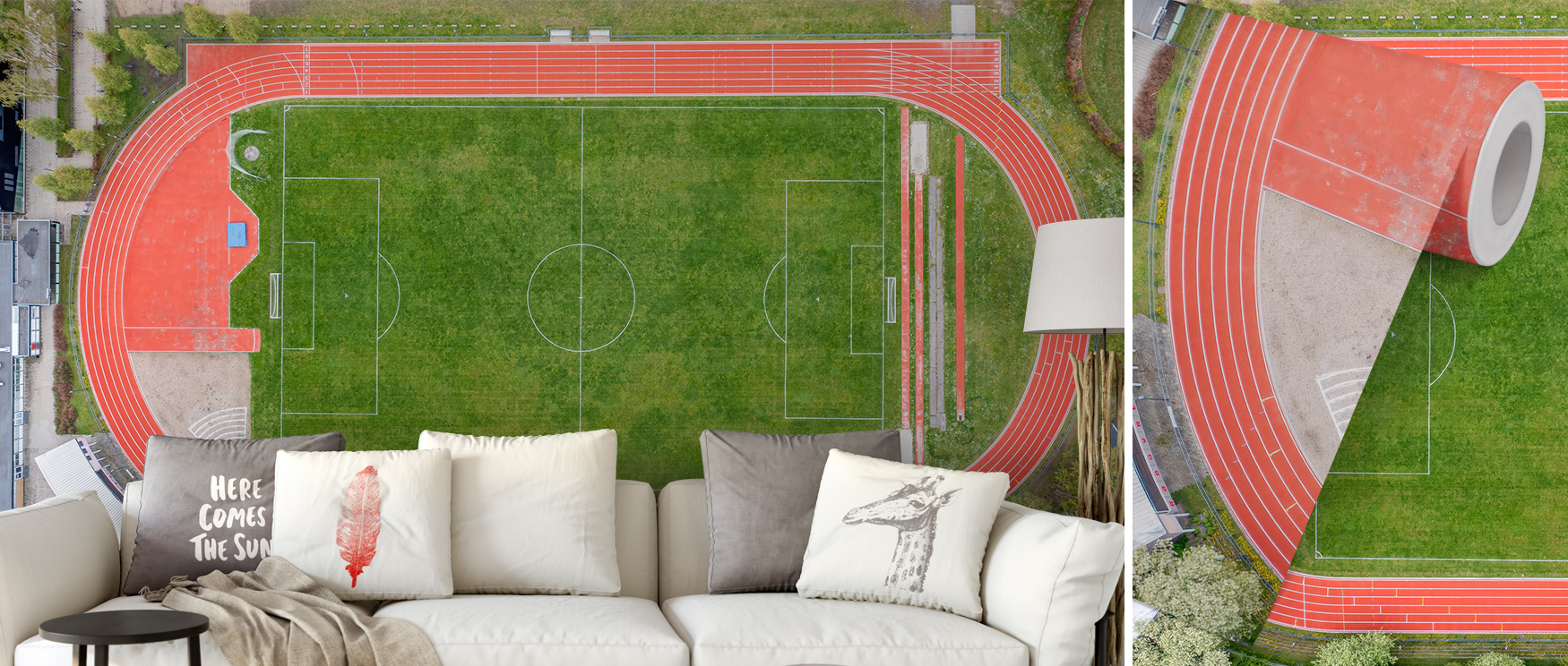A living room with sports-themed wallpaper depicting an aerial view of a soccer field and running track. Tips for selecting sports wallpaper with a stadium or field design can enhance an athletic ambiance.